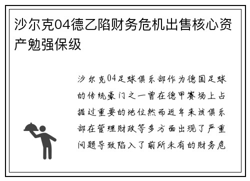 沙尔克04德乙陷财务危机出售核心资产勉强保级