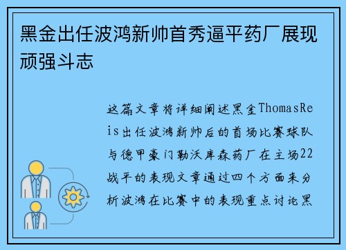 黑金出任波鸿新帅首秀逼平药厂展现顽强斗志 黑金出任波鸿新帅首秀逼平药厂展现顽强斗志